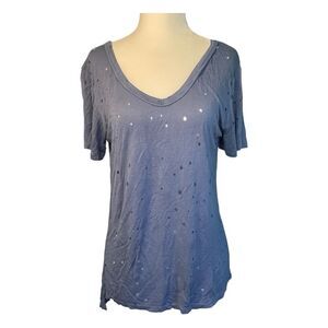 See You Monday Destroyed V-Neck Top Blue Rayon Mix Short Sleeve Tee M